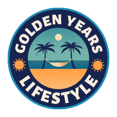 Golden Years Lifestyle logo, with image of palm trees and a beach.